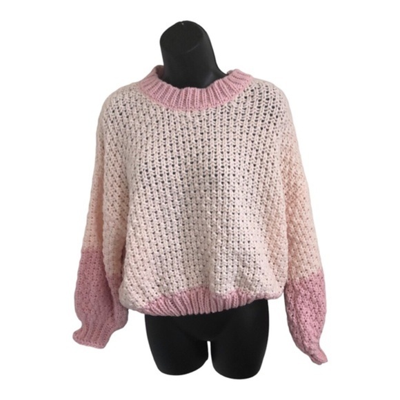 Shades of pink crochet waffle knit chunky cuffed sleeve sweater size large new - Picture 4 of 13
